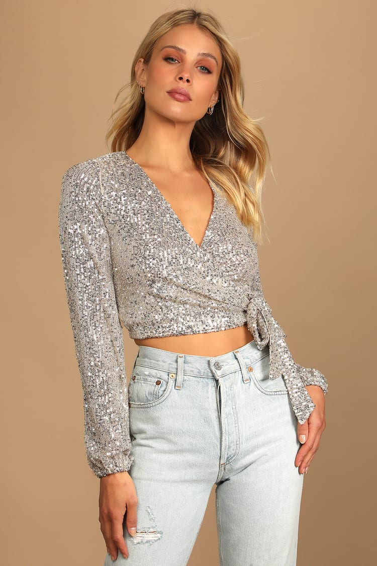 Silver Sequin Top - Long Sleeve Top - Wrap Top - Women's Tops - Lulus