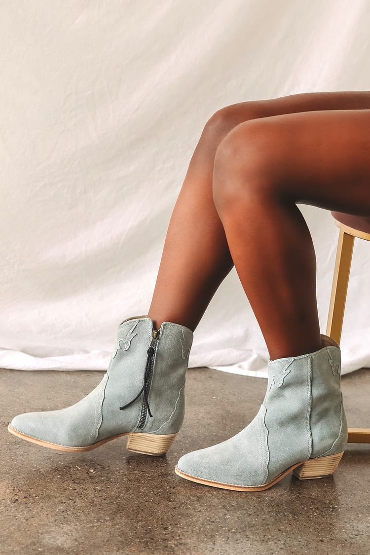 New Frontier Western Dusty Blue Suede Pointed-Toe Mid-Calf Boots