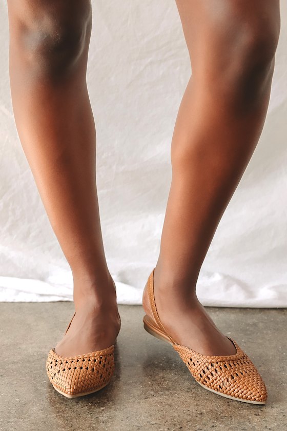Maeey Tan Woven Pointed-Toe Slingback Flats 1
