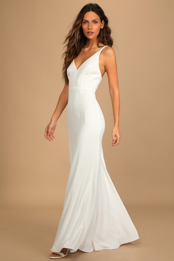 Simple White V Neck Long Prom Dress with Train, V Neck White Formal Dr –  abcprom