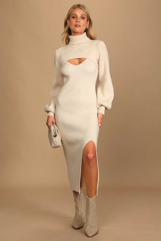 beige sweater dress midi Beige Open Twist Back Knit Midi Dress main image 1
