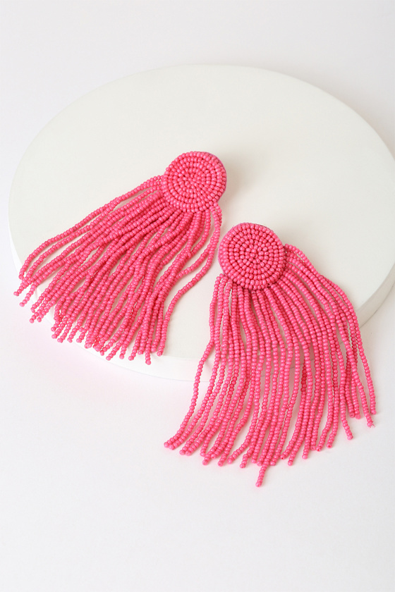 Bright and Bold Pink Beaded Fringe Earrings 2