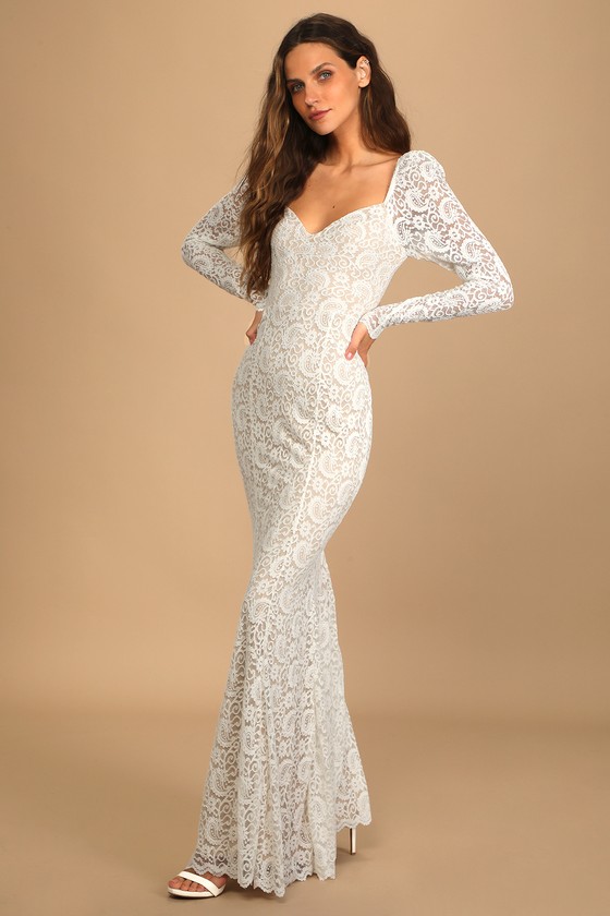 To Always Love White Lace Long Sleeve Mermaid Maxi Dress