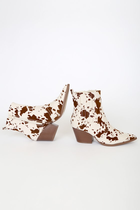 Jessamine Beige and Brown Cow Print Suede Pointed Toe Booties 4