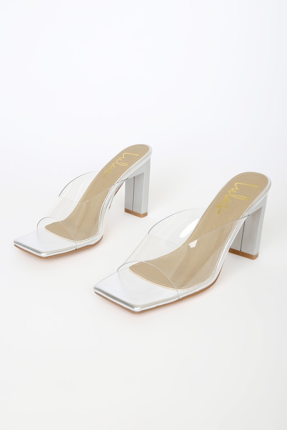 Aaryn Silver Metallic Square Toe High Heel Sandals