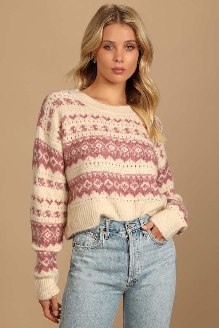 Cream and Mauve Print Sweater - Knit Sweater - Fair Isle Sweater - Lulus