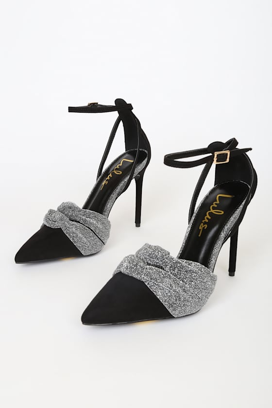 Santina Black and Pewter Pointed-Toe Ankle Strap Pumps 3