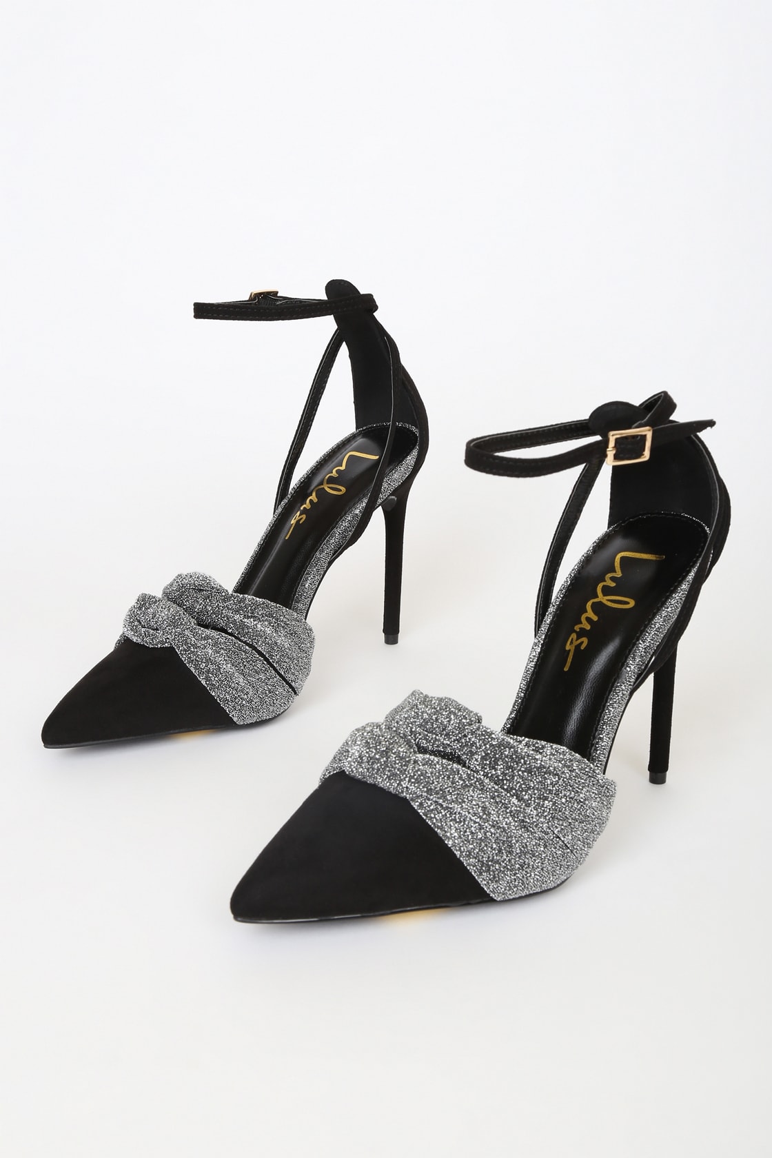 Santina Black and Pewter Pointed-Toe Ankle Strap Pumps