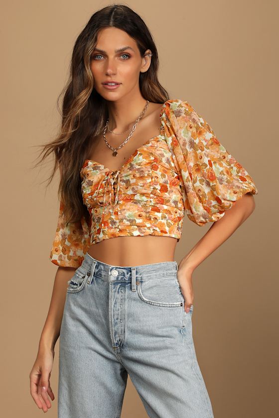 Irresistible Beauty Orange Floral Print Puff Sleeve Crop Top 1
