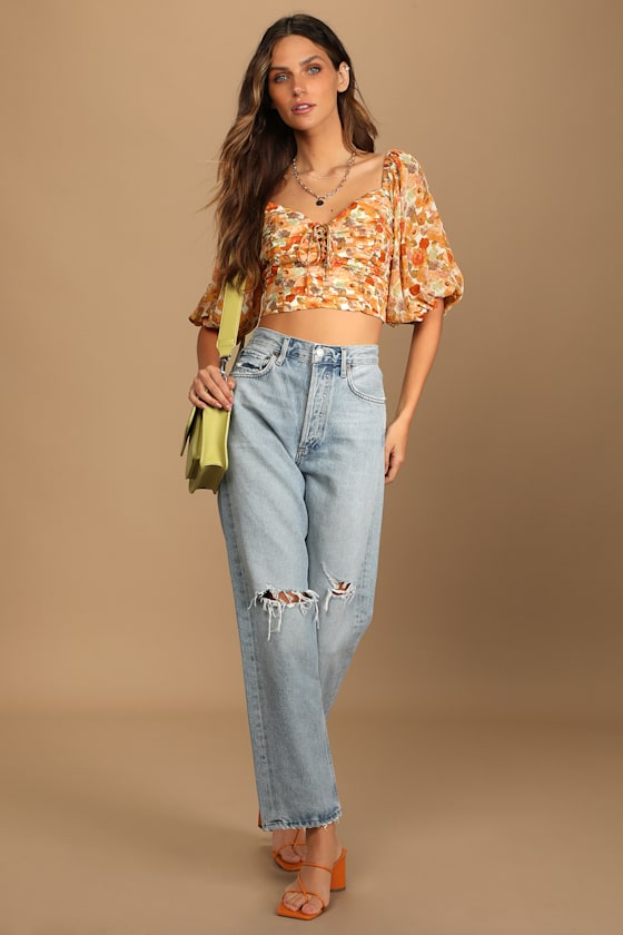 Irresistible Beauty Orange Floral Print Puff Sleeve Crop Top 3