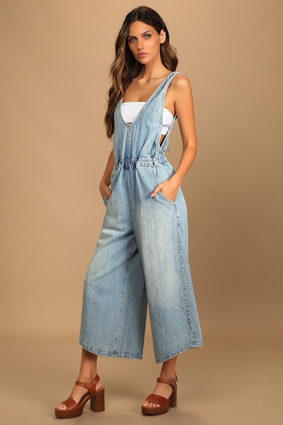Alora Light Wash Denim Tie-Back Culotte Jumpsuit 4