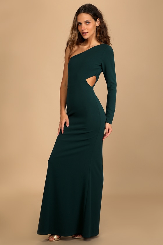 Wondrous Romance Dark Green One-Shoulder Mermaid Maxi Dress