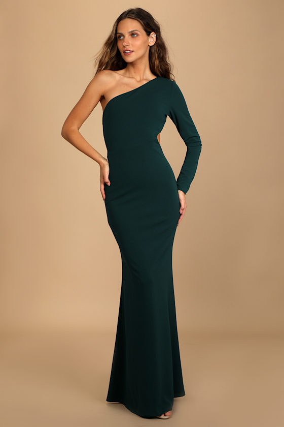 Dark Green Dress - One-Shoulder Maxi Dress - Mermaid Maxi