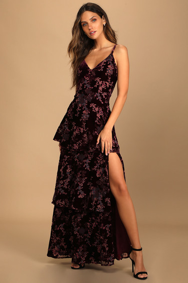 I Love You Amore Plum Purple Floral Velvet Tiered Maxi Dress