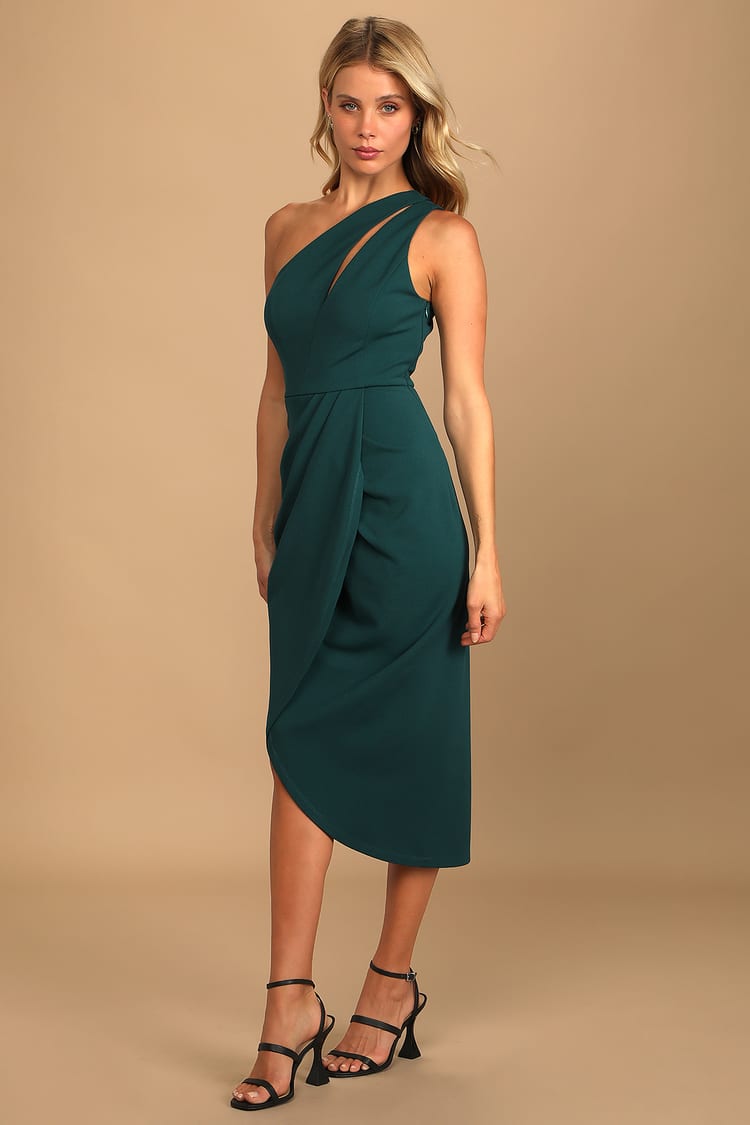 Hunter Green Midi Dress - One-Shoulder Dress - Asymmetrical Dress