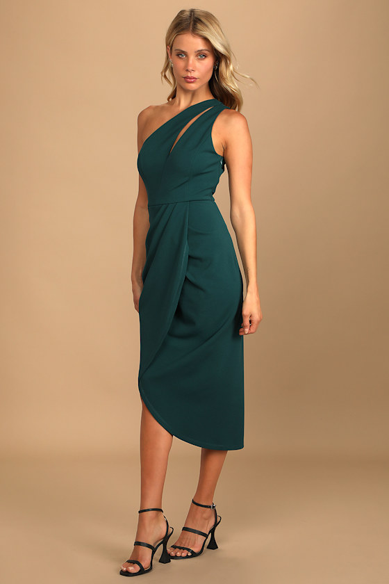 So Flirty Hunter Green One-Shoulder Cutout Asymmetrical Dress 6