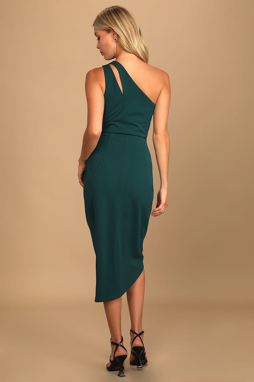 Hunter Green Midi Dress - One-Shoulder Dress - Asymmetrical Dress