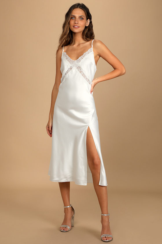 Showing Up in Elegance White Satin Lace Midi Dress 3
