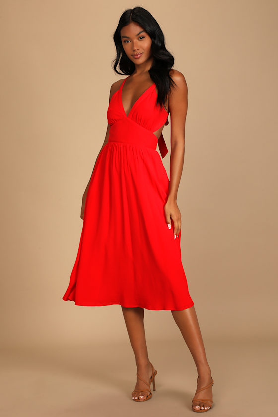 Bold New Look Bright Red Tie-Back Midi Dress With Pockets 4