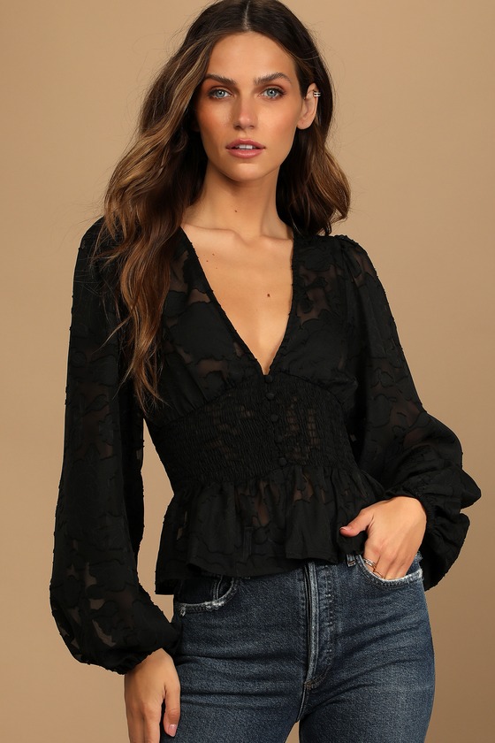 Patio Date Black Floral Jacquard Button-Up Long Sleeve Top