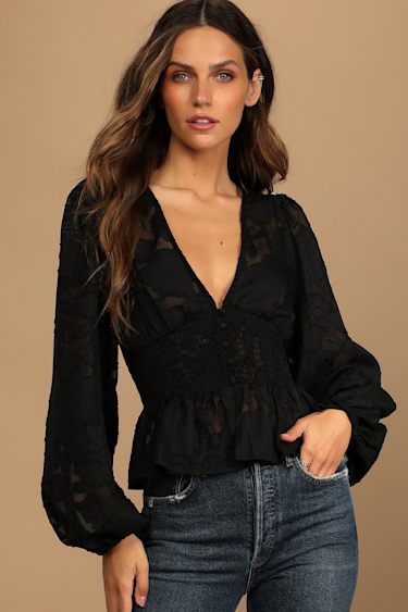 Patio Date Black Floral Jacquard Button-Up Long Sleeve Top