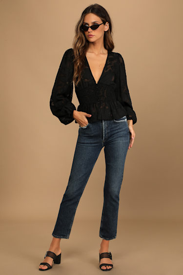 Patio Date Black Floral Jacquard Button-Up Long Sleeve Top