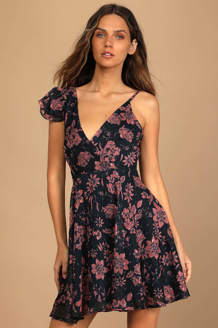 Navy Blue Mini Dress - Floral Print Dress - Tie-Back Mini Dress - Lulus