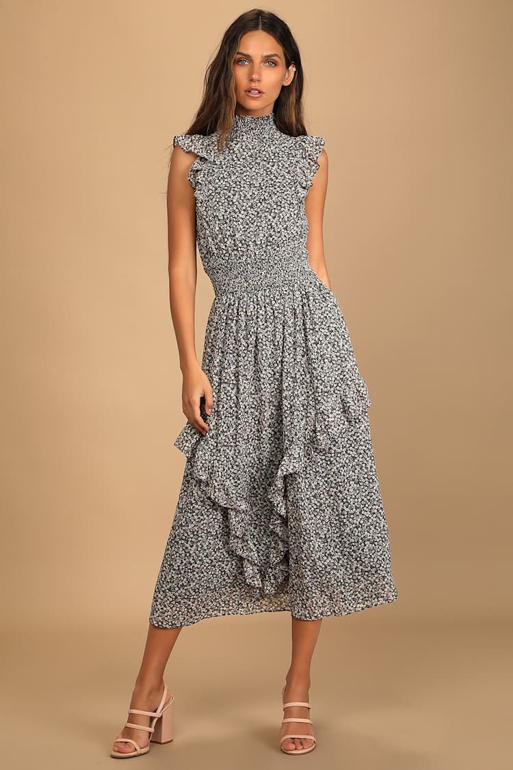 Evalina Black Floral Print Mock Neck Midi Dress
