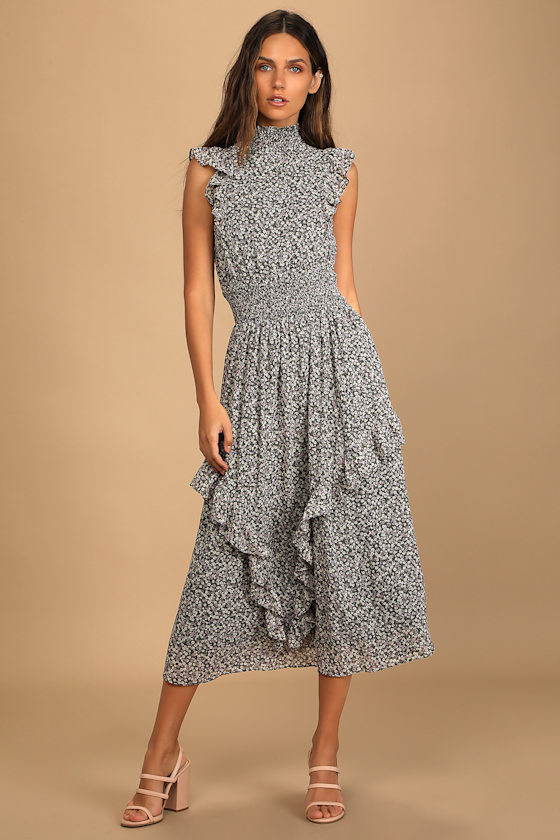 Evalina Black Floral Print Mock Neck Midi Dress 5