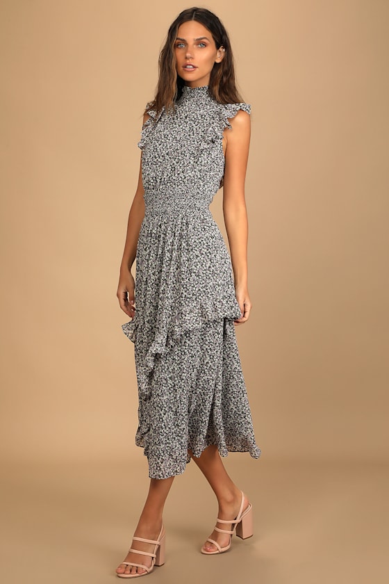 Evalina Black Floral Print Mock Neck Midi Dress 6
