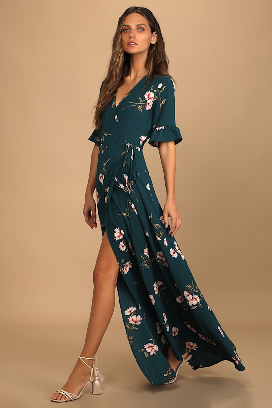 September Sunsets Dark Teal Floral Print Wrap Maxi Dress 6