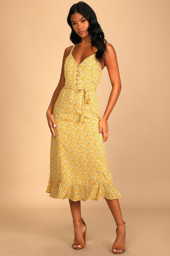 Yellow Floral Print Dress - Floral Midi ...