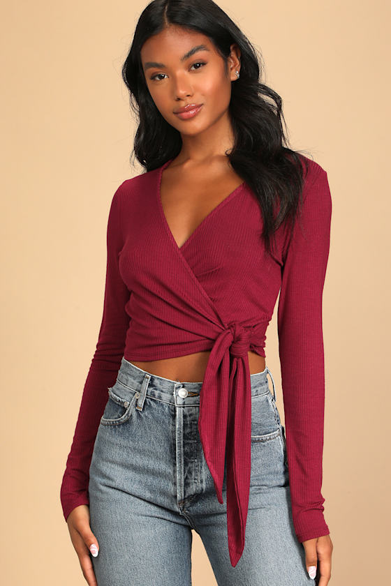 Reason to Smile Burgundy Ribbed Long Sleeve Wrap Top 5