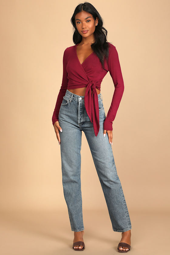 Reason to Smile Burgundy Ribbed Long Sleeve Wrap Top 6