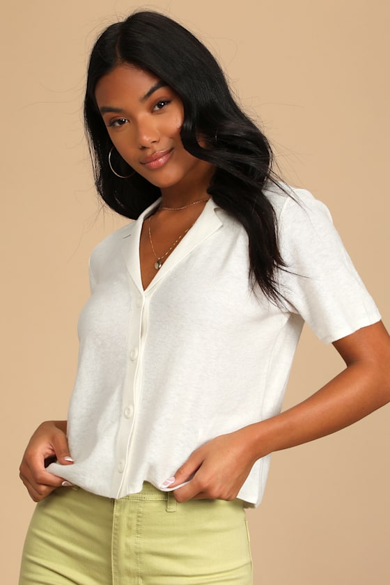 RVCA Baseline Sweater White Short Sleeve Top ButtonUp Top Lulus