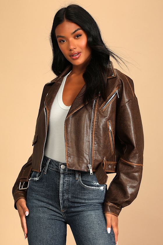 Open Road Brown Vegan Leather Cropped Moto Jacket 4