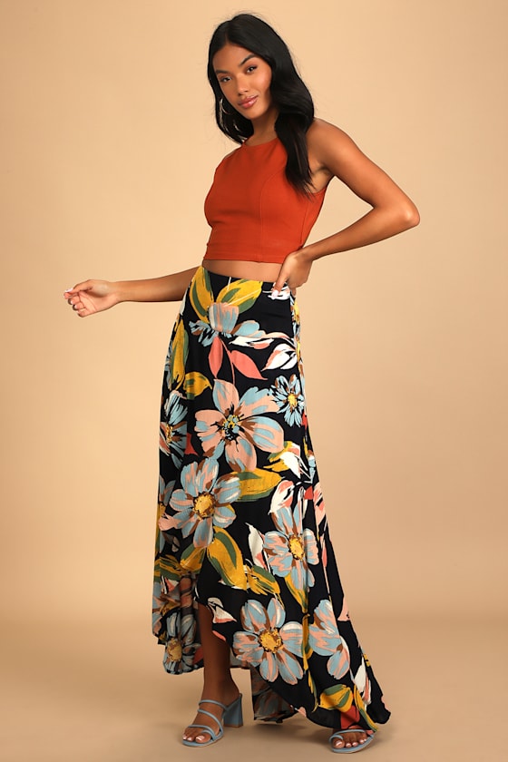 Ambrosio Navy Blue Floral Print High-Low Maxi Skirt 4