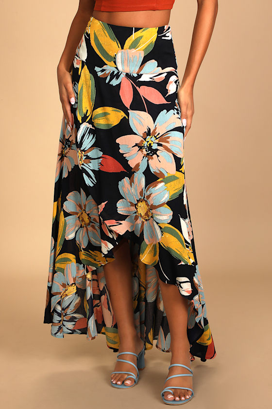 Ambrosio Navy Blue Floral Print High-Low Maxi Skirt 3