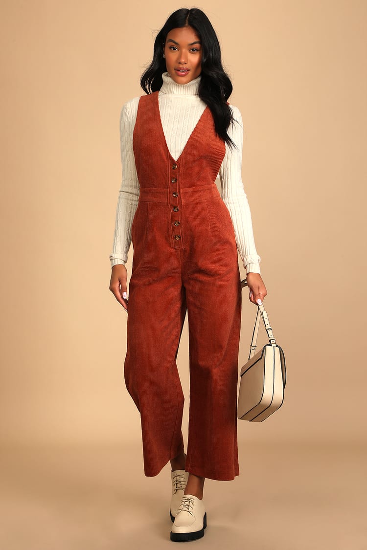 Plunging Pinafore Overalls - Corduroy Jumpsuit - Rust Jumpsuit - Lulus