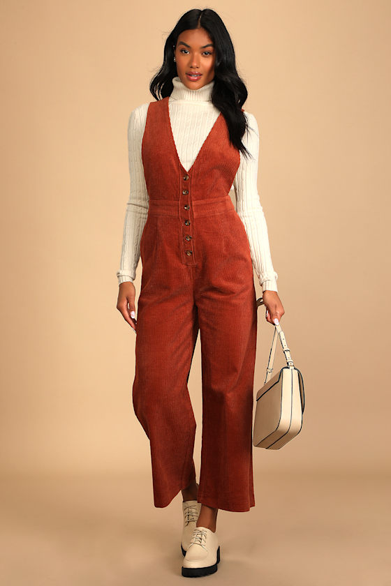 Have Hope Rust Orange Corduroy Wide-Leg Overall Jumpsuit 4