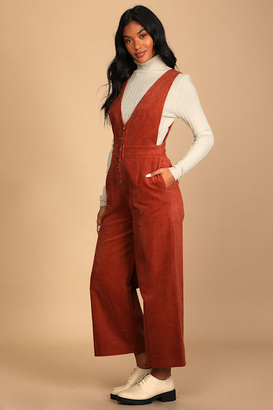 Have Hope Rust Orange Corduroy Wide-Leg Overall Jumpsuit 6