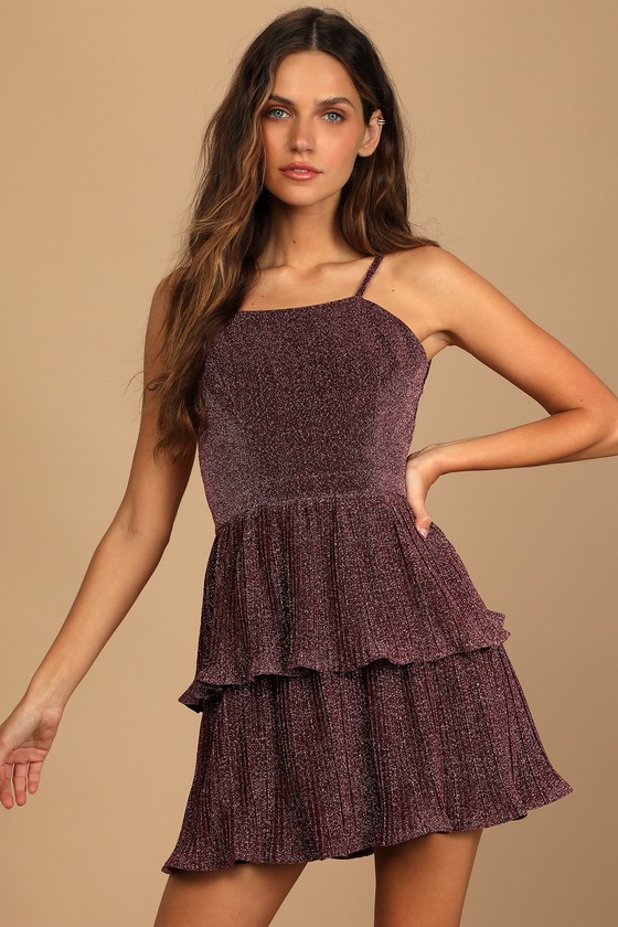 Pink Metallic Dress - Pleated Mini ...