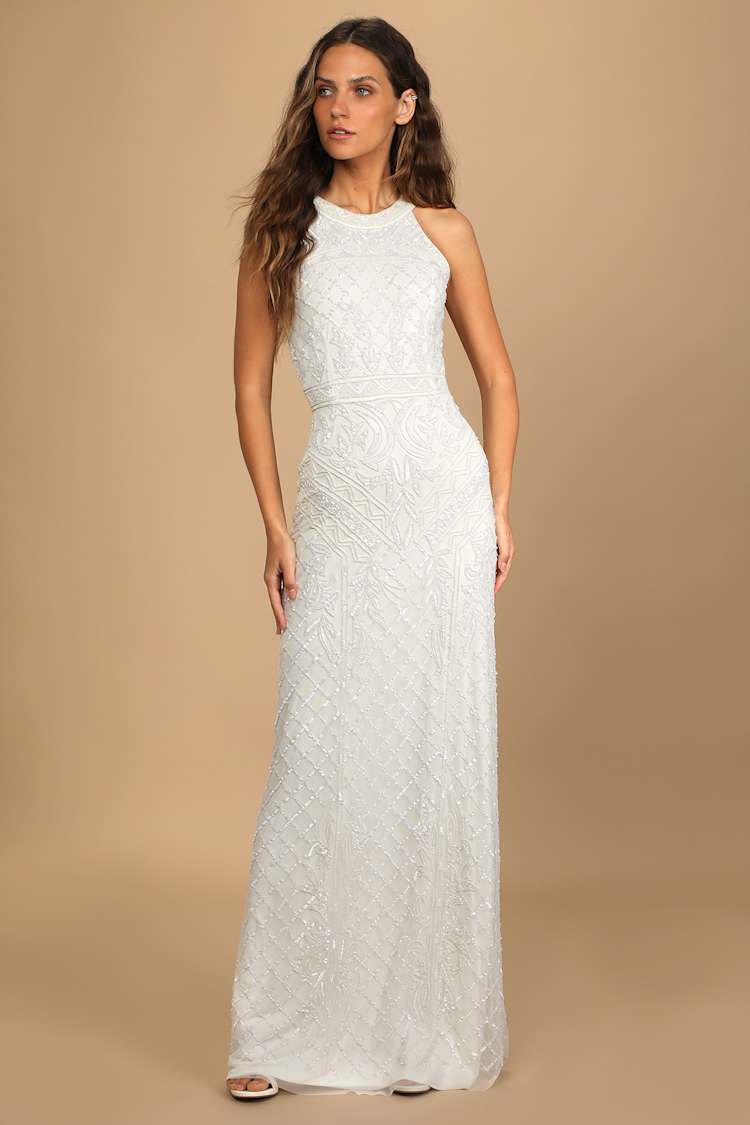 All the Romance White Beaded Sequin Halter Mermaid Maxi Dress All the Romance White Beaded Sequin Halter Mermaid Maxi Dress