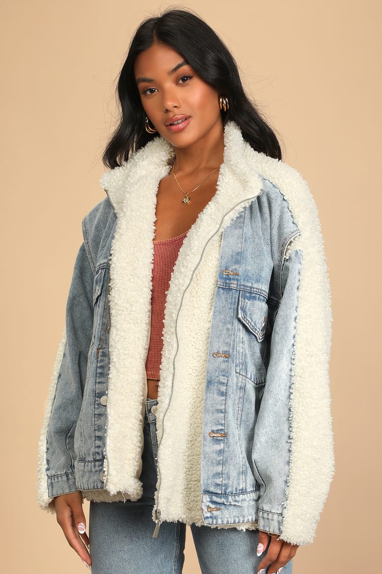 Bear Hug Light Wash Denim Shearling Trucker Jacket