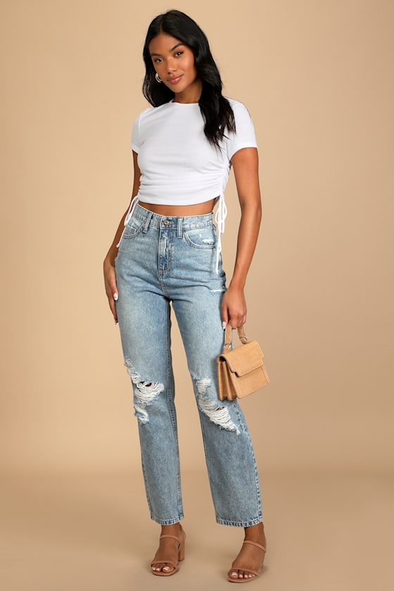 Totally Fly Medium Wash High Rise Distressed Boyfriend Jeans 4