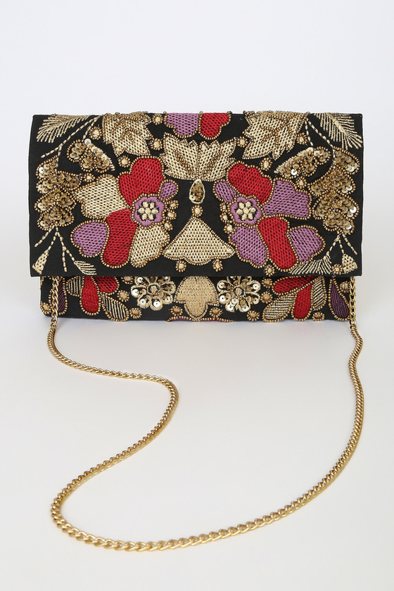 Dramatic Details Black Multi Embroidered Clutch