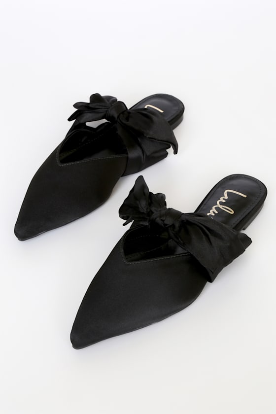 Sylviee Black Satin Pointed-Toe Bow Mules 2