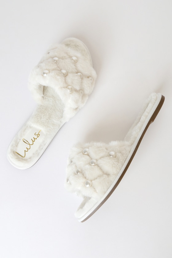 Porschia White Faux Fur and Pearl Slide Sandals