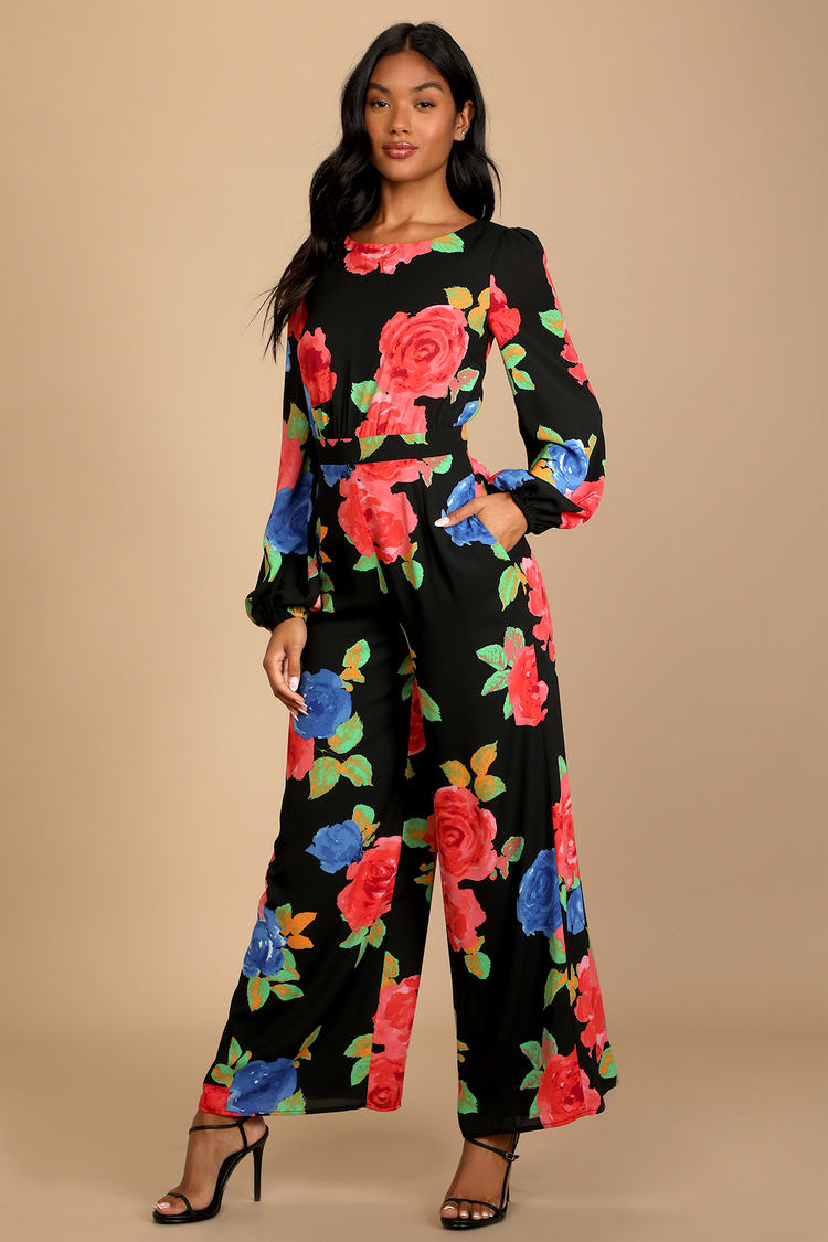 Black Floral Print Jumpsuit - Long Sleeve Jumpsuit - Jumpsuit - Lulus