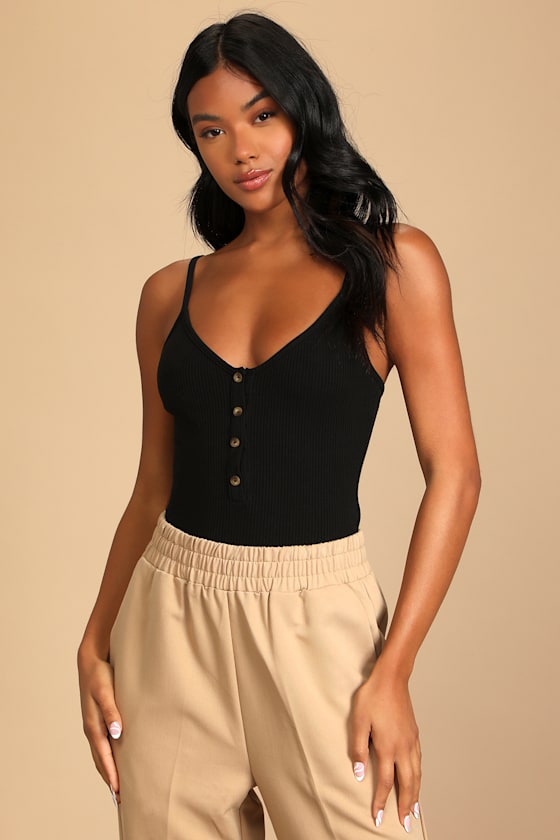 It Feels Right Black Ribbed Button-Front Sleeveless Bodysuit 4